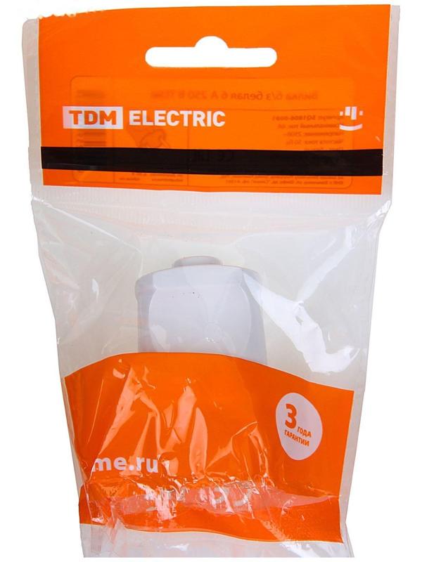 Вилка прямая TDM, 6 А, 250 В, IP20, без з/к, белая