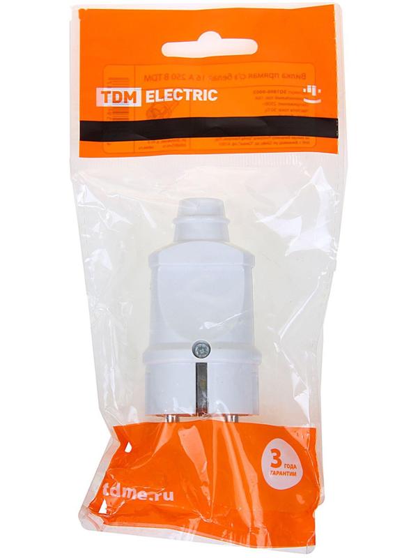 Вилка прямая TDM, 16 А, 250 В, IP20, с з/к, белая