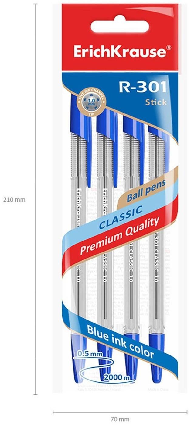 Набор ручек шариковых 4 штуки ErichKrause R-301, узел 1.0 мм, чернила синие, длина линии письма 2000 метров, европодвес