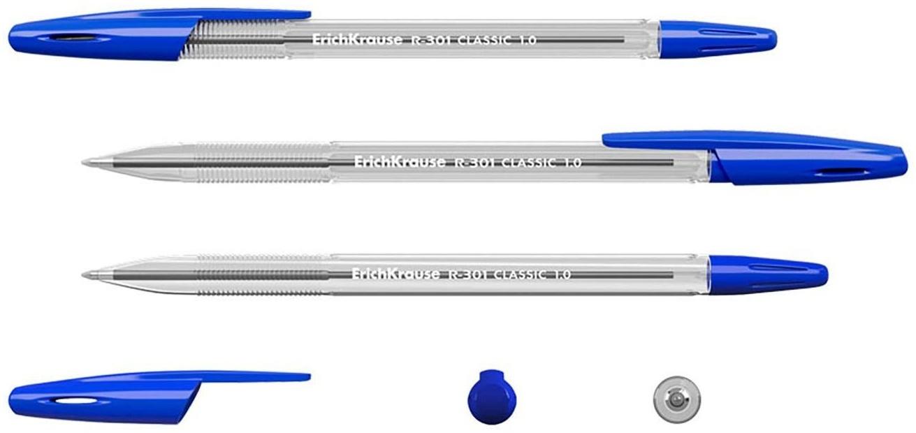 Набор ручек шариковых 4 штуки ErichKrause R-301, узел 1.0 мм, чернила синие, длина линии письма 2000 метров, европодвес