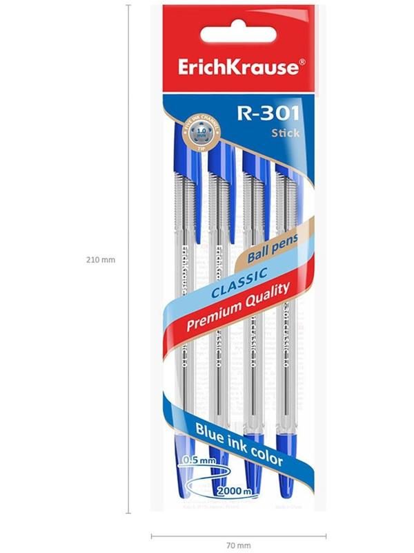 Набор ручек шариковых 4 штуки ErichKrause R-301, узел 1.0 мм, чернила синие, длина линии письма 2000 метров, европодвес