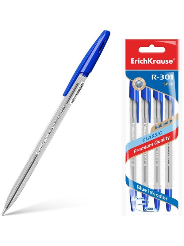 Набор ручек шариковых 4 штуки ErichKrause R-301, узел 1.0 мм, чернила синие, длина линии письма 2000 метров, европодвес