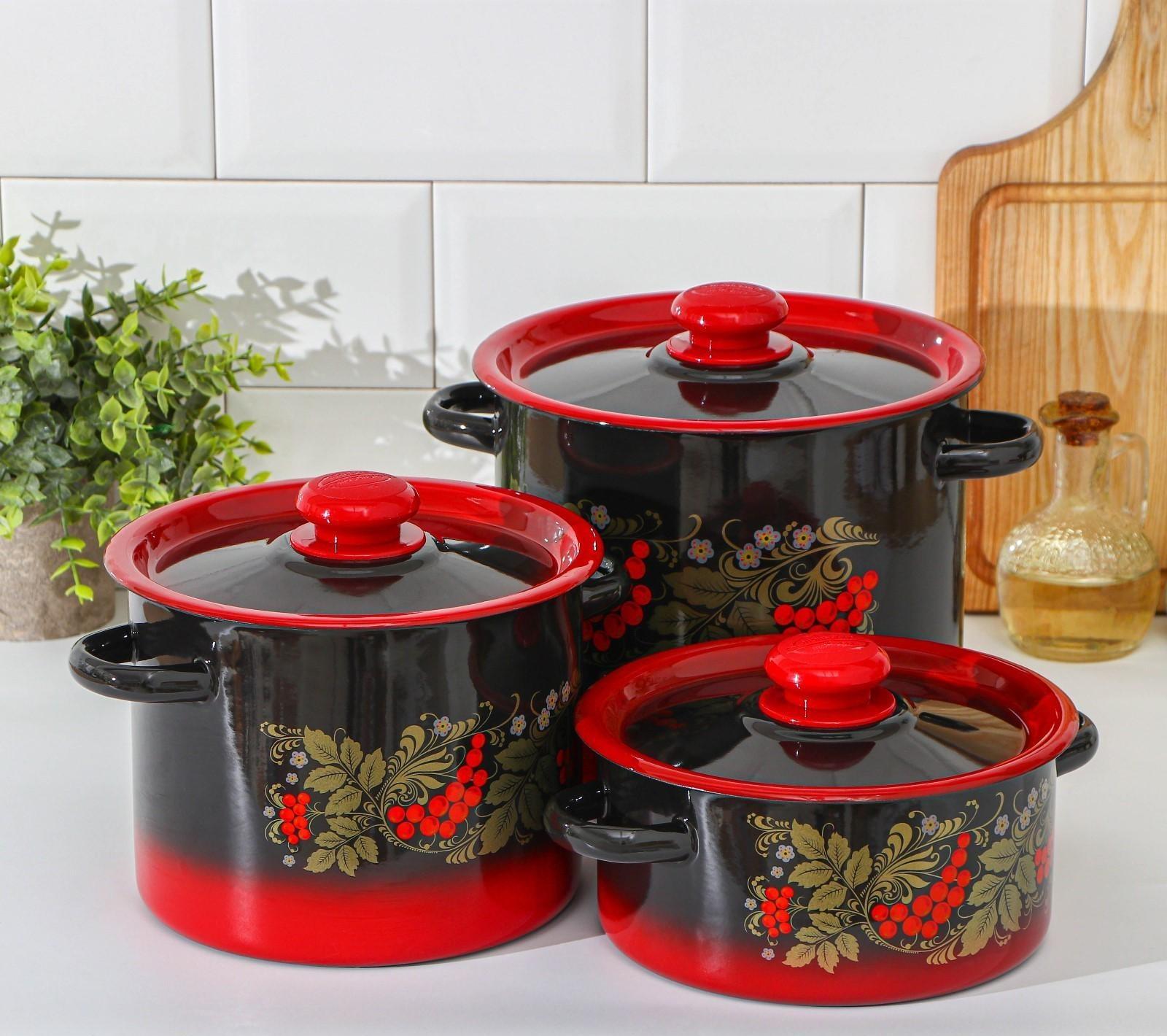 Набор кастрюль «Рябинка», 3 предмета: 2 л, 3,5 л, 5,5 л, эмалированные крышки, индукция, цвет чёрно-красный