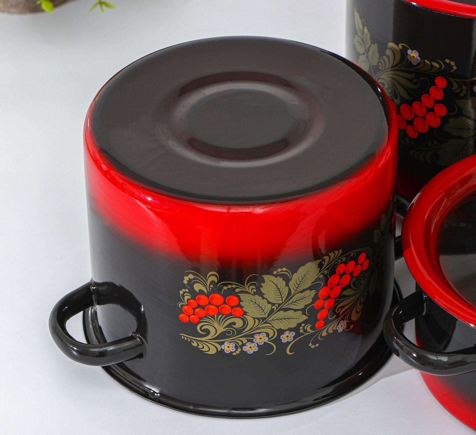 Набор кастрюль «Рябинка», 3 предмета: 2 л, 3,5 л, 5,5 л, эмалированные крышки, индукция, цвет чёрно-красный