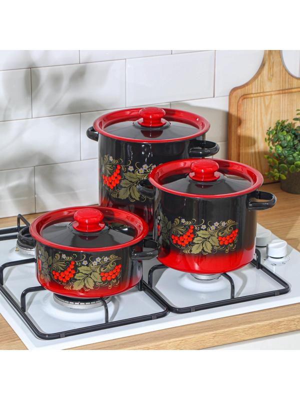 Набор кастрюль «Рябинка», 3 предмета: 2 л, 3,5 л, 5,5 л, эмалированные крышки, индукция, цвет чёрно-красный
