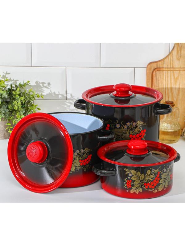 Набор кастрюль «Рябинка», 3 предмета: 2 л, 3,5 л, 5,5 л, эмалированные крышки, индукция, цвет чёрно-красный