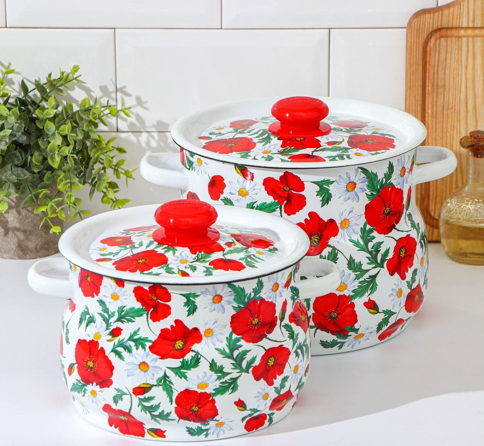 Набор кастрюль «Маки сибирские», 2 предмета: 4 л, 5,5 л, эмалированные крышки, индукция, цвет белый