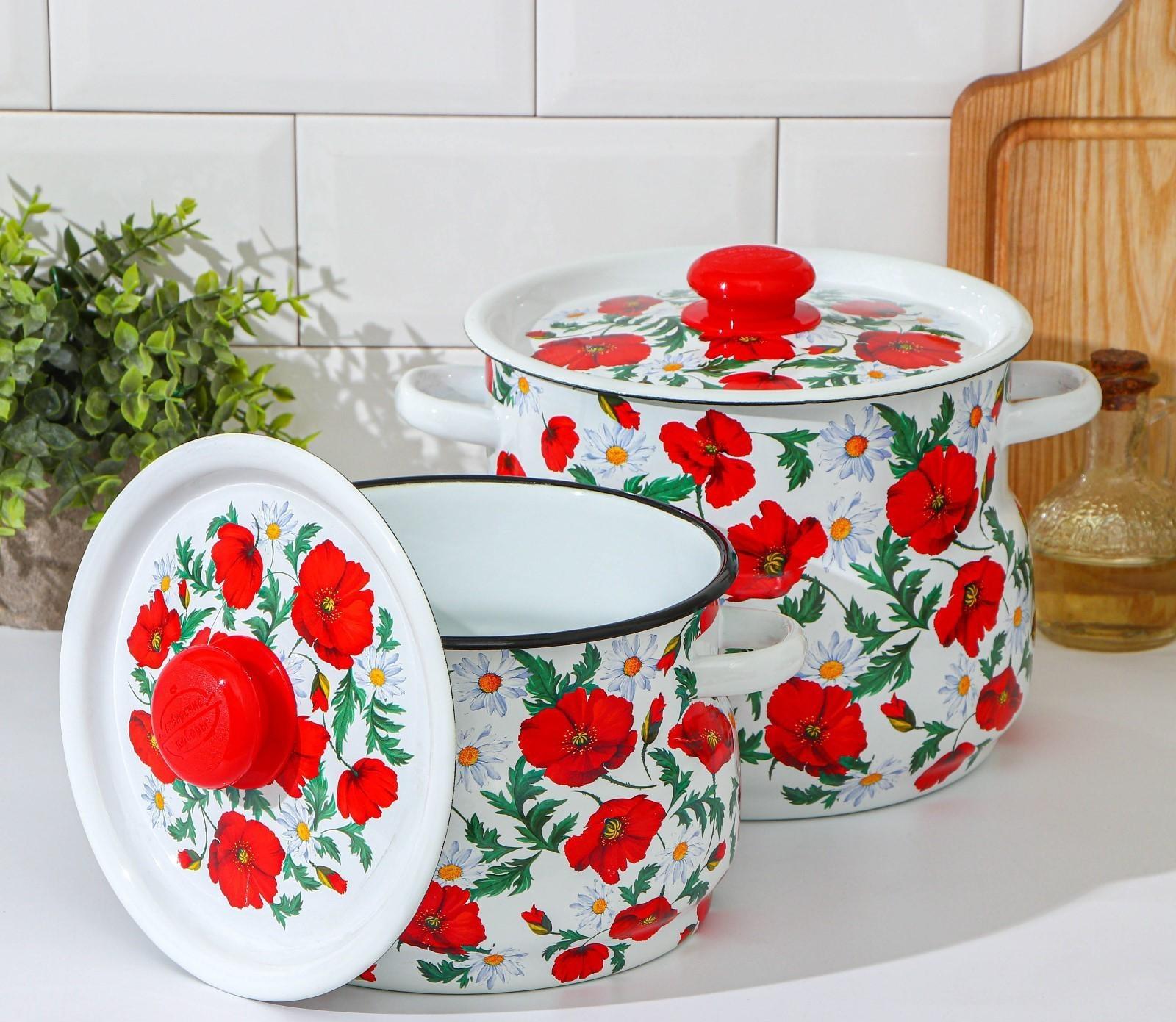 Набор кастрюль «Маки сибирские», 2 предмета: 4 л, 5,5 л, эмалированные крышки, индукция, цвет белый