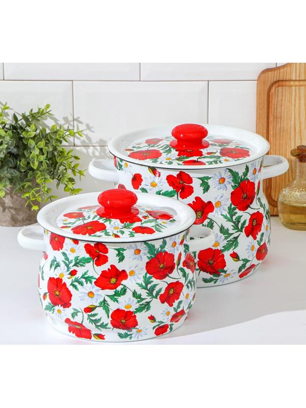 Набор кастрюль «Маки сибирские», 2 предмета: 4 л, 5,5 л, эмалированные крышки, индукция, цвет белый