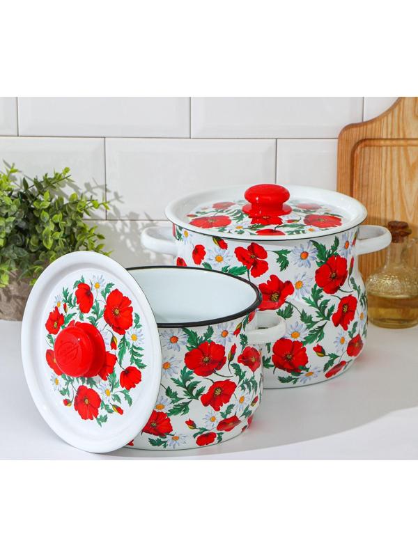 Набор кастрюль «Маки сибирские», 2 предмета: 4 л, 5,5 л, эмалированные крышки, индукция, цвет белый