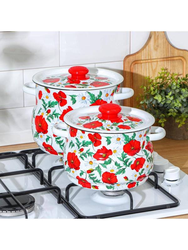 Набор кастрюль «Маки сибирские», 2 предмета: 4 л, 5,5 л, эмалированные крышки, индукция, цвет белый