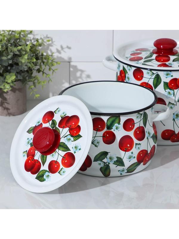 Набор кастрюль «Сочная вишня», 2 предмета: 4/5,5 л, эмалированные крышки, индукция, цвет белый