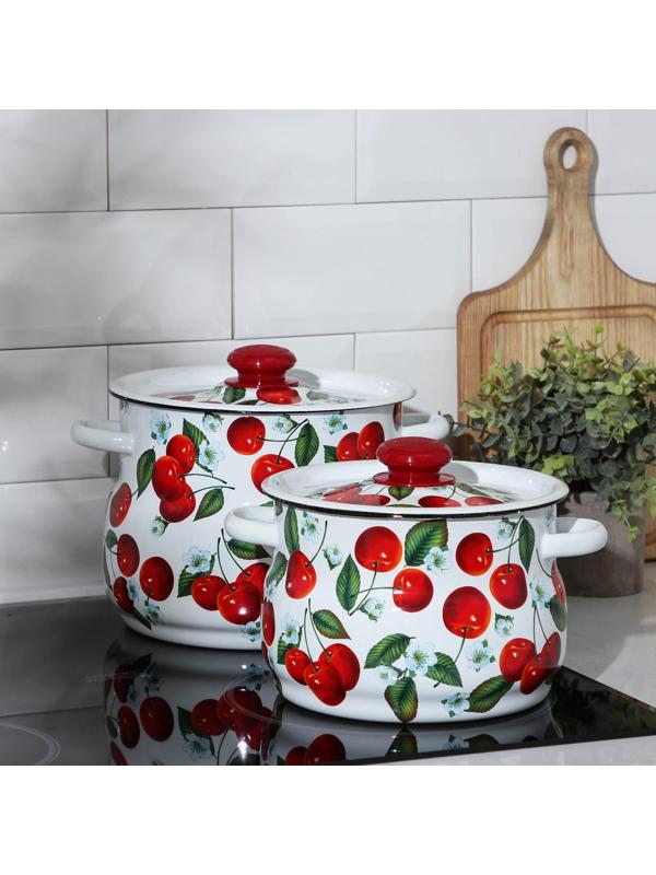 Набор кастрюль «Сочная вишня», 2 предмета: 4/5,5 л, эмалированные крышки, индукция, цвет белый