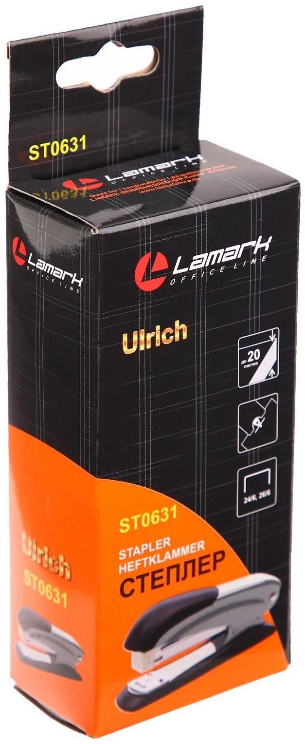Степлер № 24/6 и 26/6 Lamark Ulrich, чёрный, металлический корпус, встроенный антистеплер, индикатор скоб, до 20 листов