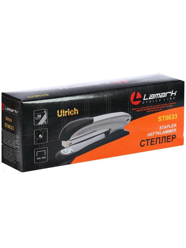 Степлер № 24/6 и 26/6 Lamark Ulrich, чёрный, металлический корпус, встроенный антистеплер, индикатор скоб, до 20 листов