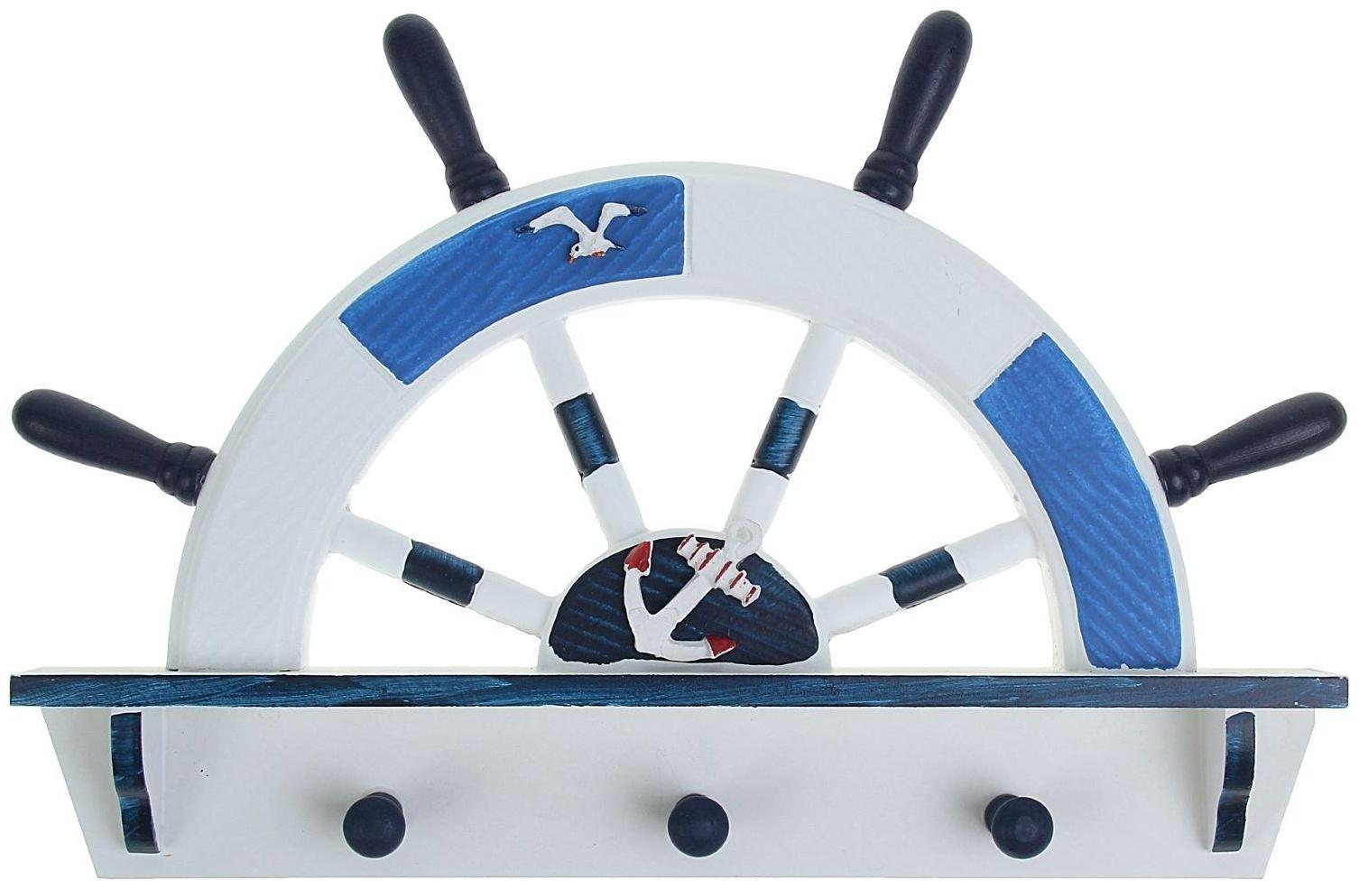 Вешалка интерьерная «Штурвал», 3 крючка, бело-синяя, 45 х 28 х 5 см