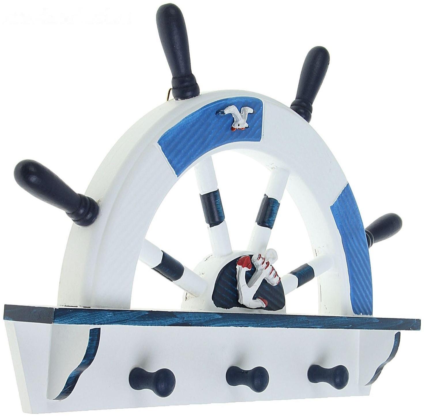 Вешалка интерьерная «Штурвал», 3 крючка, бело-синяя, 45 х 28 х 5 см