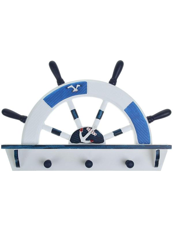Вешалка интерьерная «Штурвал», 3 крючка, бело-синяя, 45 х 28 х 5 см
