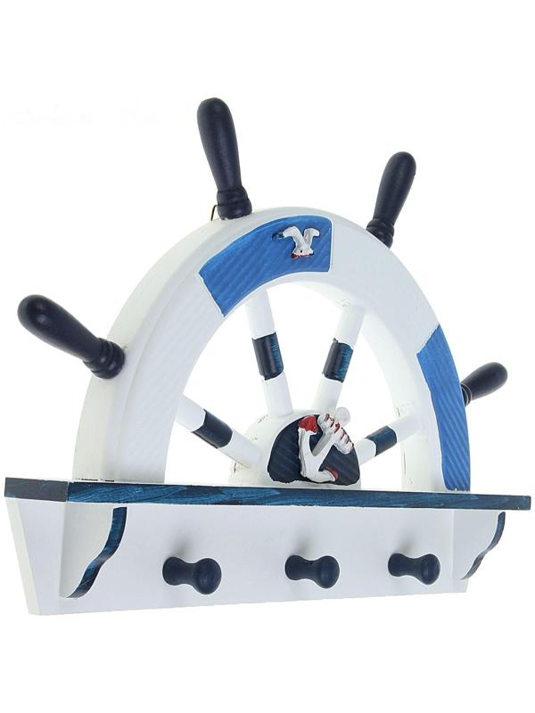 Вешалка интерьерная «Штурвал», 3 крючка, бело-синяя, 45 х 28 х 5 см