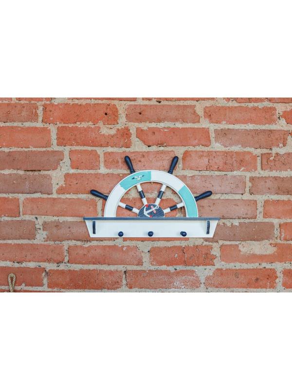 Вешалка интерьерная «Штурвал», 3 крючка, бело-синяя, 45 х 28 х 5 см