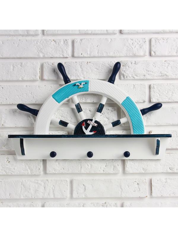 Вешалка интерьерная «Штурвал», 3 крючка, бело-синяя, 45 х 28 х 5 см