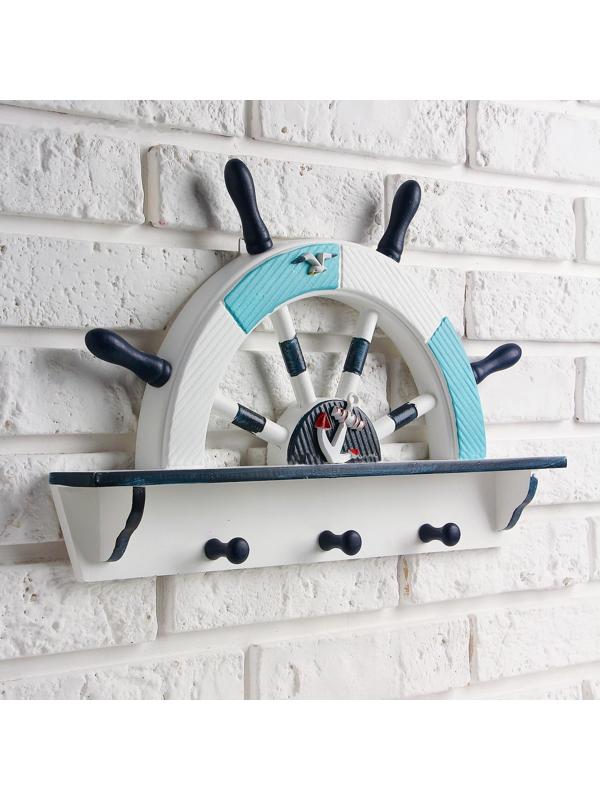 Вешалка интерьерная «Штурвал», 3 крючка, бело-синяя, 45 х 28 х 5 см