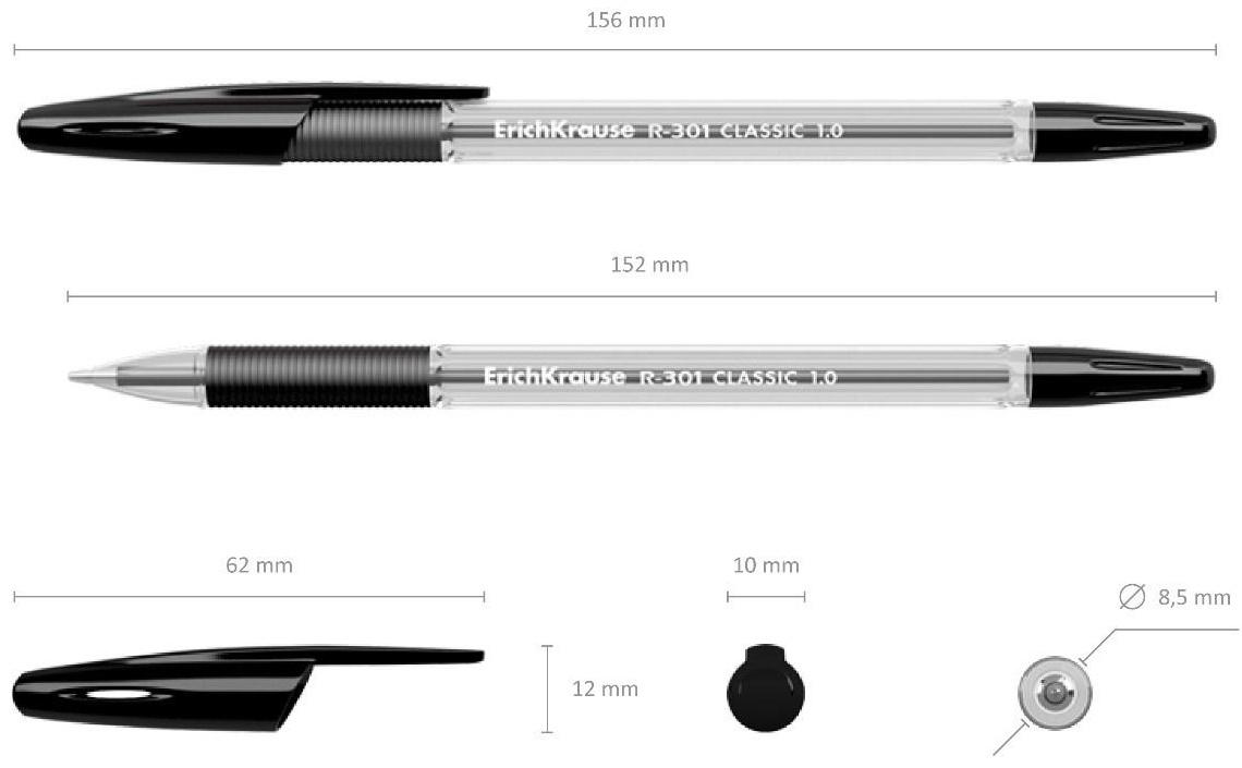 Ручка шариковая Erich Krause R-301 Classic Stick & Grip, узел 1.0 мм, чернила чёрные, резиновый упор, длина линии письма 800 метров