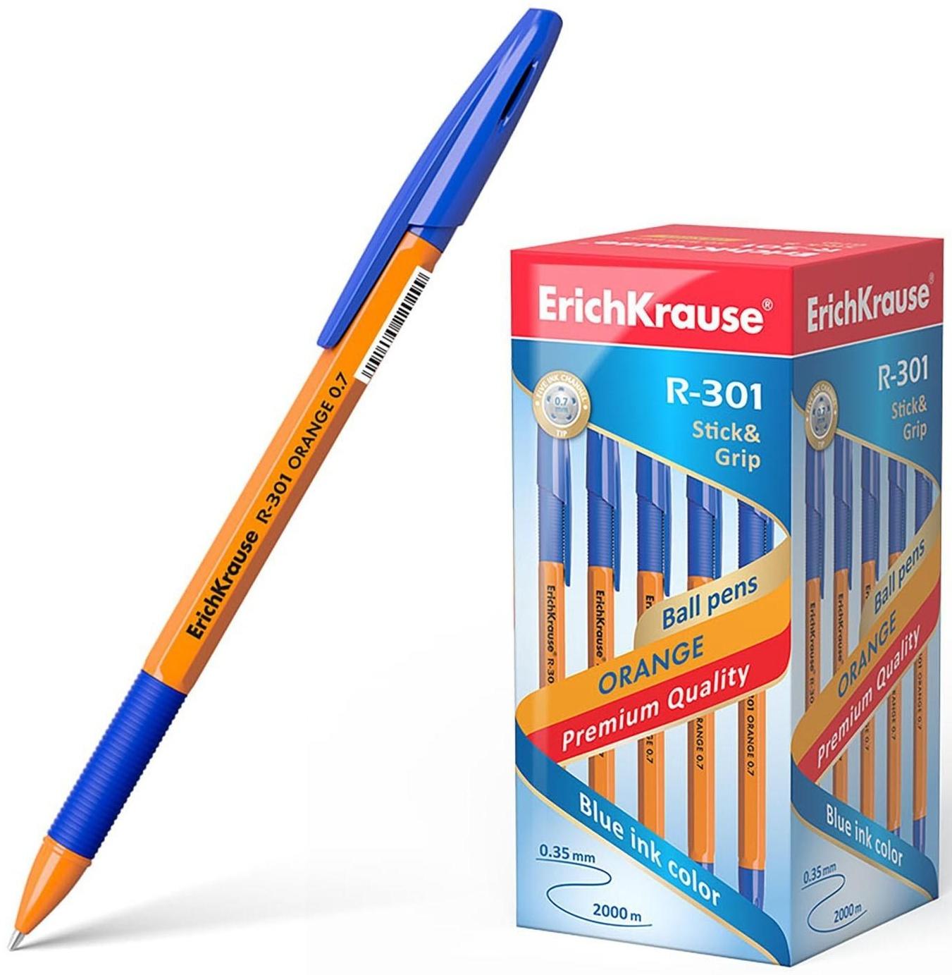 Ручка шариковая Erich Krause R-301 Orange Stick & Grip, узел 0.7 мм, чернила синие, резиновый упор, длина линии письма 1000 метров