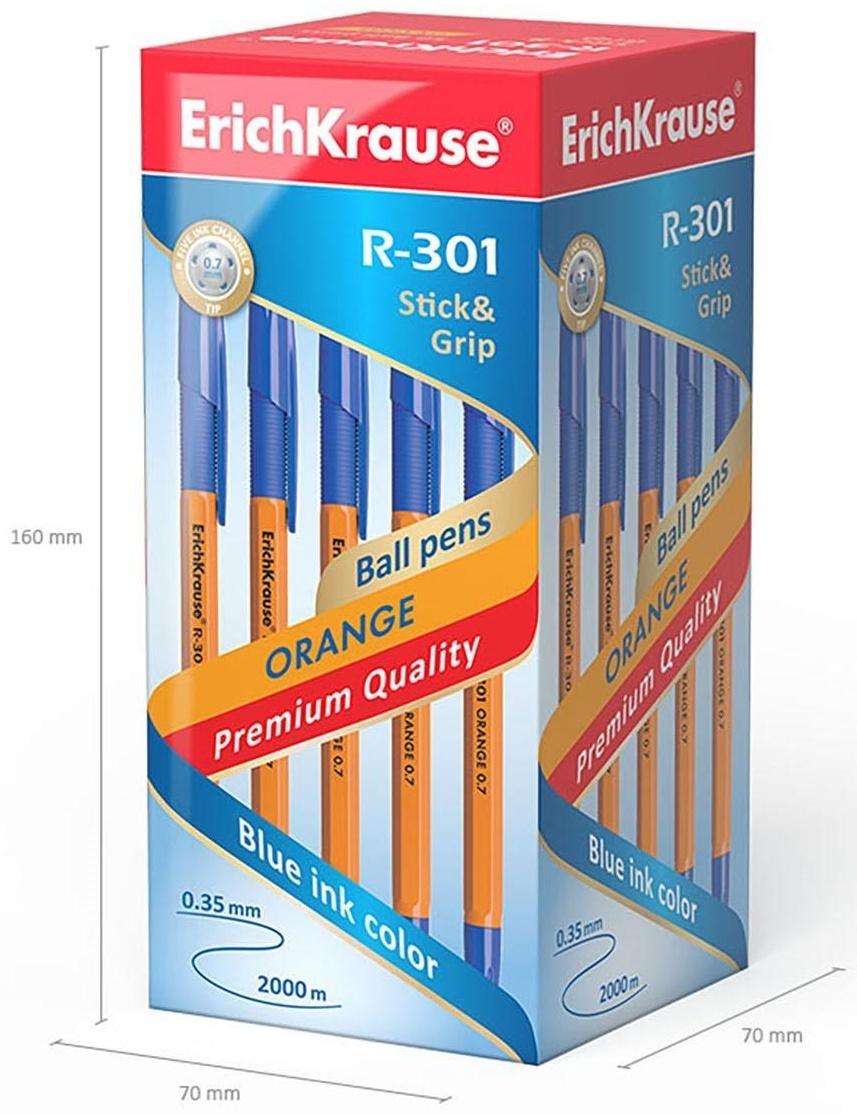 Ручка шариковая Erich Krause R-301 Orange Stick & Grip, узел 0.7 мм, чернила синие, резиновый упор, длина линии письма 1000 метров