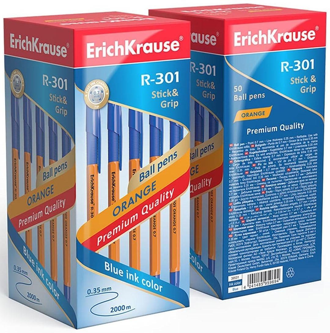 Ручка шариковая Erich Krause R-301 Orange Stick & Grip, узел 0.7 мм, чернила синие, резиновый упор, длина линии письма 1000 метров