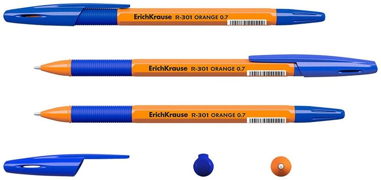 Ручка шариковая Erich Krause R-301 Orange Stick & Grip, узел 0.7 мм, чернила синие, резиновый упор, длина линии письма 1000 метров