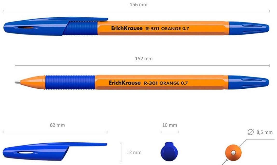 Ручка шариковая Erich Krause R-301 Orange Stick & Grip, узел 0.7 мм, чернила синие, резиновый упор, длина линии письма 1000 метров