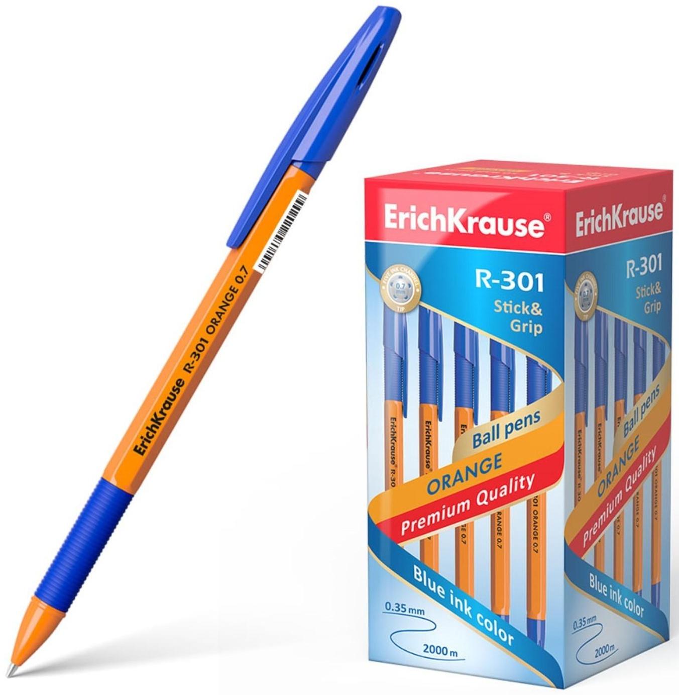 Ручка шариковая Erich Krause R-301 Orange Stick & Grip, узел 0.7 мм, чернила синие, резиновый упор, длина линии письма 1000 метров