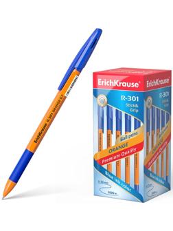 Ручка шариковая Erich Krause R-301 Orange Stick & Grip, узел 0.7 мм, чернила синие, резиновый упор, длина линии письма 1000 метров