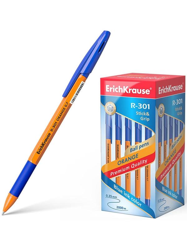 Ручка шариковая Erich Krause R-301 Orange Stick & Grip, узел 0.7 мм, чернила синие, резиновый упор, длина линии письма 1000 метров