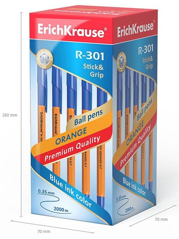 Ручка шариковая Erich Krause R-301 Orange Stick & Grip, узел 0.7 мм, чернила синие, резиновый упор, длина линии письма 1000 метров