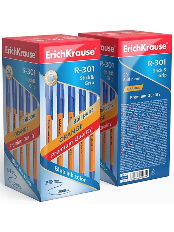 Ручка шариковая Erich Krause R-301 Orange Stick & Grip, узел 0.7 мм, чернила синие, резиновый упор, длина линии письма 1000 метров