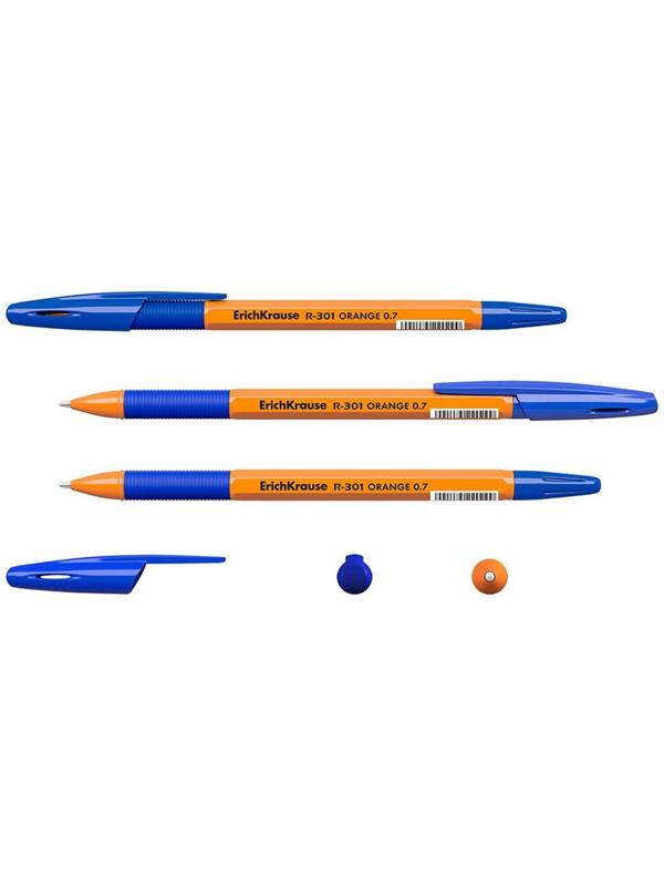 Ручка шариковая Erich Krause R-301 Orange Stick & Grip, узел 0.7 мм, чернила синие, резиновый упор, длина линии письма 1000 метров