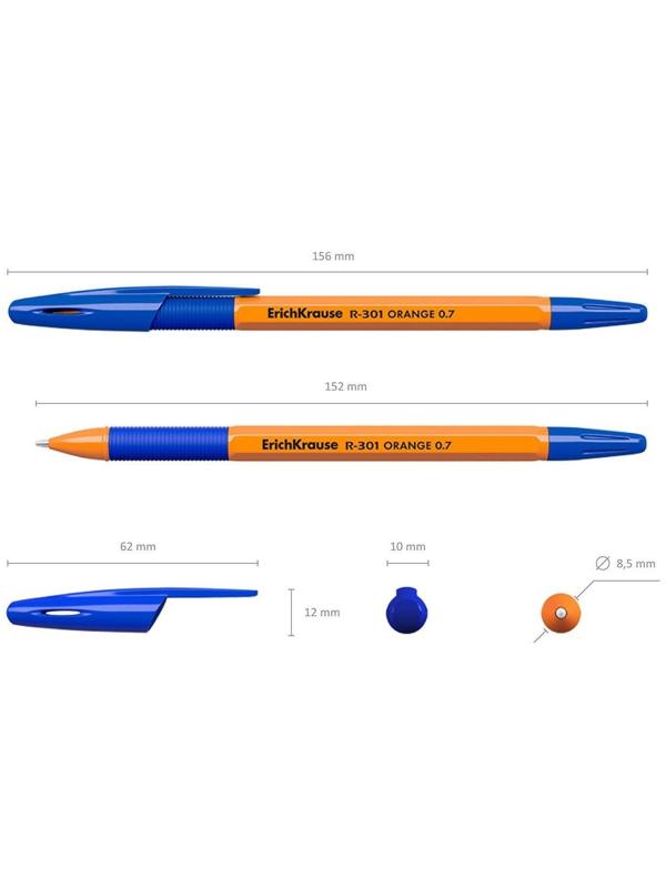 Ручка шариковая Erich Krause R-301 Orange Stick & Grip, узел 0.7 мм, чернила синие, резиновый упор, длина линии письма 1000 метров