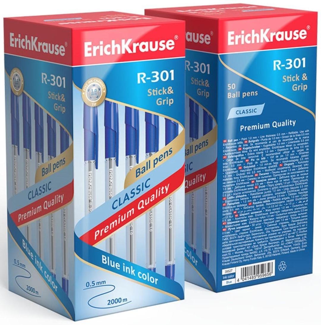 Ручка шариковая ErichKrause R-301 Classic Stick & Grip, узел 1.0 мм, чернила синие, резиновый упор, длина линии письма 800 метров