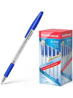 Ручка шариковая ErichKrause R-301 Classic Stick & Grip, узел 1.0 мм, чернила синие, резиновый упор, длина линии письма 800 метров