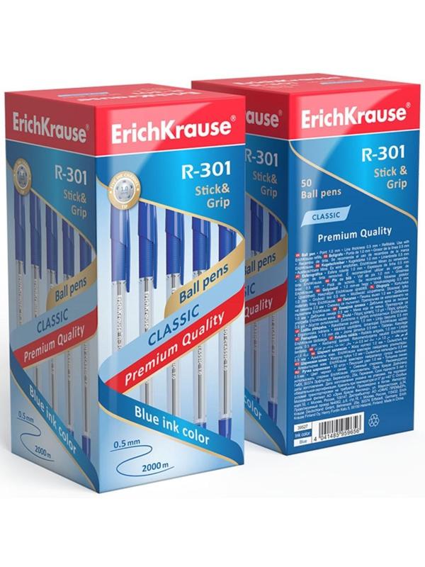 Ручка шариковая ErichKrause R-301 Classic Stick & Grip, узел 1.0 мм, чернила синие, резиновый упор, длина линии письма 800 метров