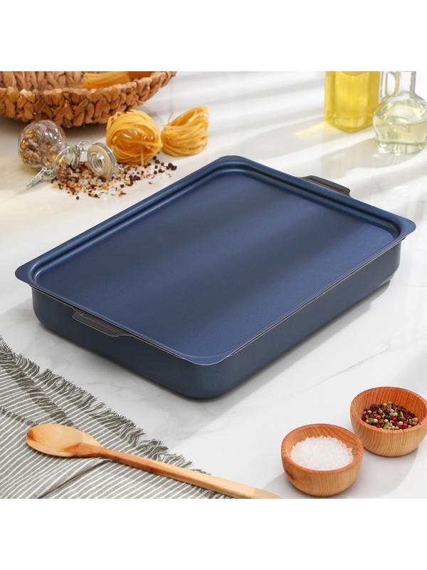 Противень прямоугольный, 27×35 см, с крышкой, антипригарное покрытие, цвет синий