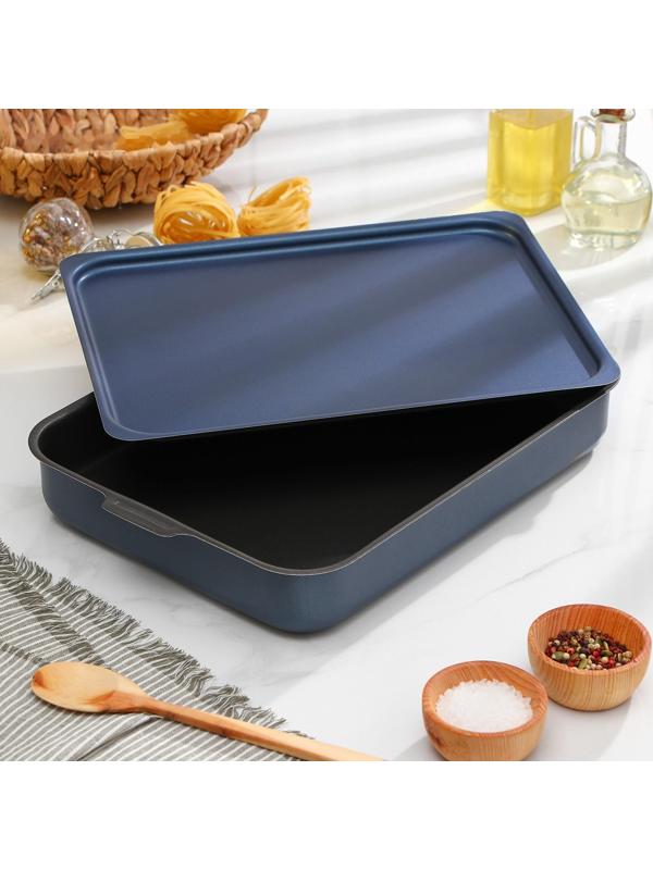 Противень прямоугольный, 27×35 см, с крышкой, антипригарное покрытие, цвет синий