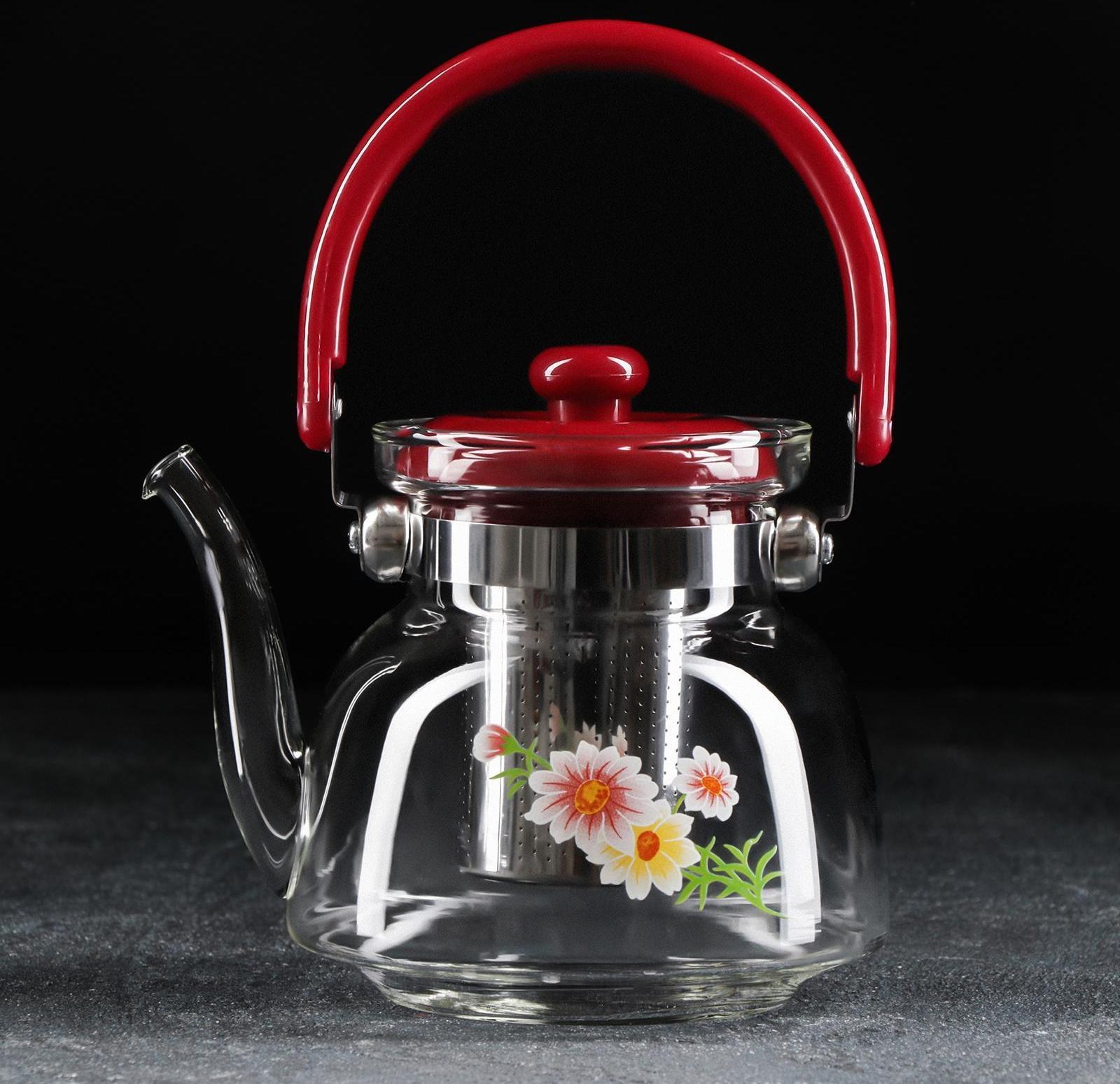 Чайник стеклянный заварочный «Цветочная фантазия», 850 мл, металлическое сито
