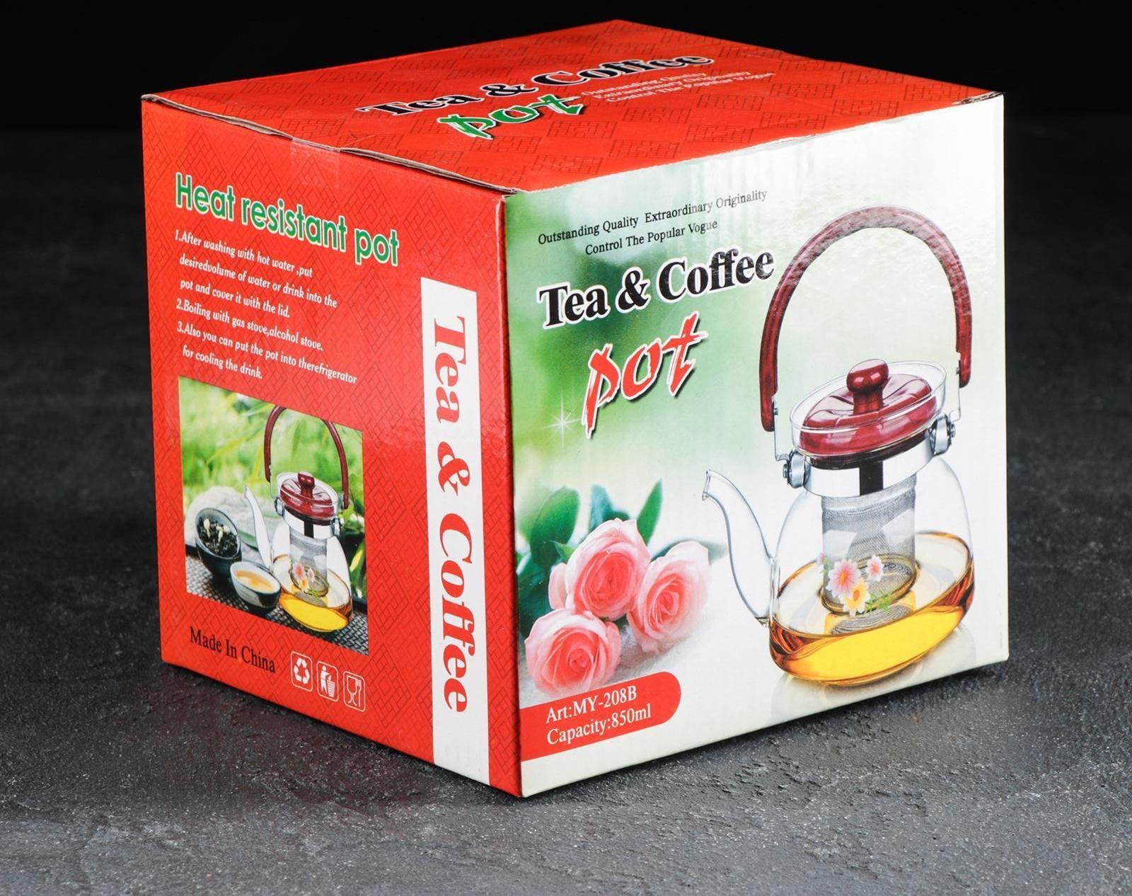 Чайник стеклянный заварочный «Цветочная фантазия», 850 мл, металлическое сито