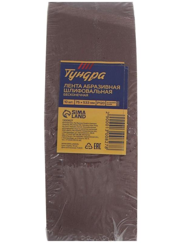 Лента абразивная бесконечная ТУНДРА, на тканевой основе, 75 х 533 мм, Р120, 10 шт.