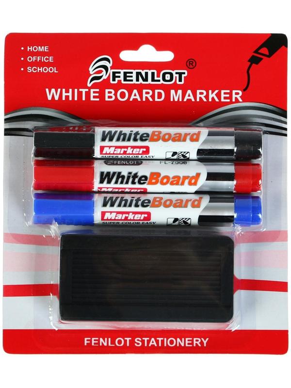 Набор маркеров для доски, 3 цвета, 3 мм, с губкой, блистер