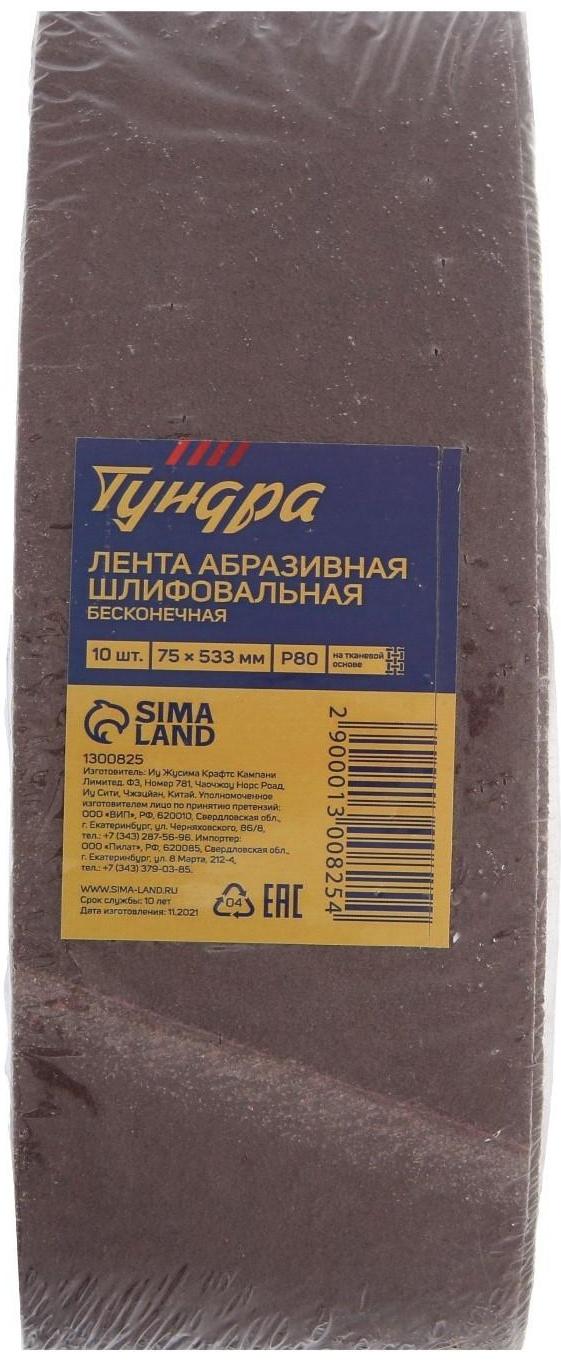 Лента абразивная бесконечная ТУНДРА, на тканевой основе, 75 х 533 мм, Р80, 10 шт.