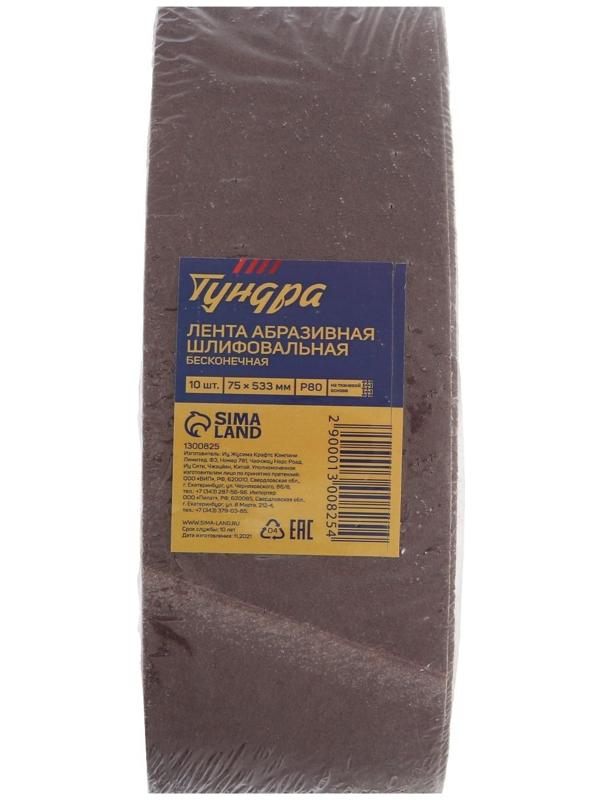 Лента абразивная бесконечная ТУНДРА, на тканевой основе, 75 х 533 мм, Р80, 10 шт.